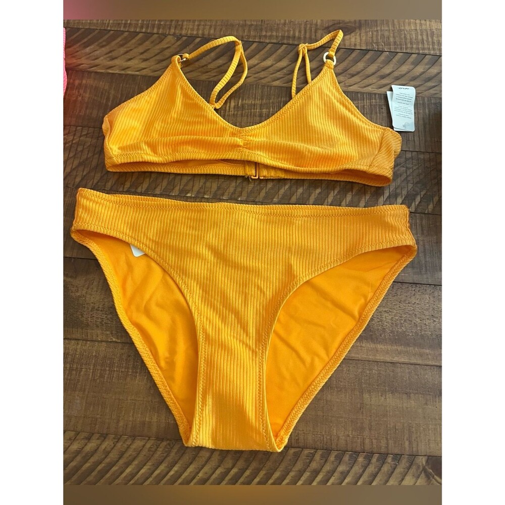 NWT Aerie FULL SET Beach Babe Shine Rib Voop Top + Full Coverage Bottom Orange M